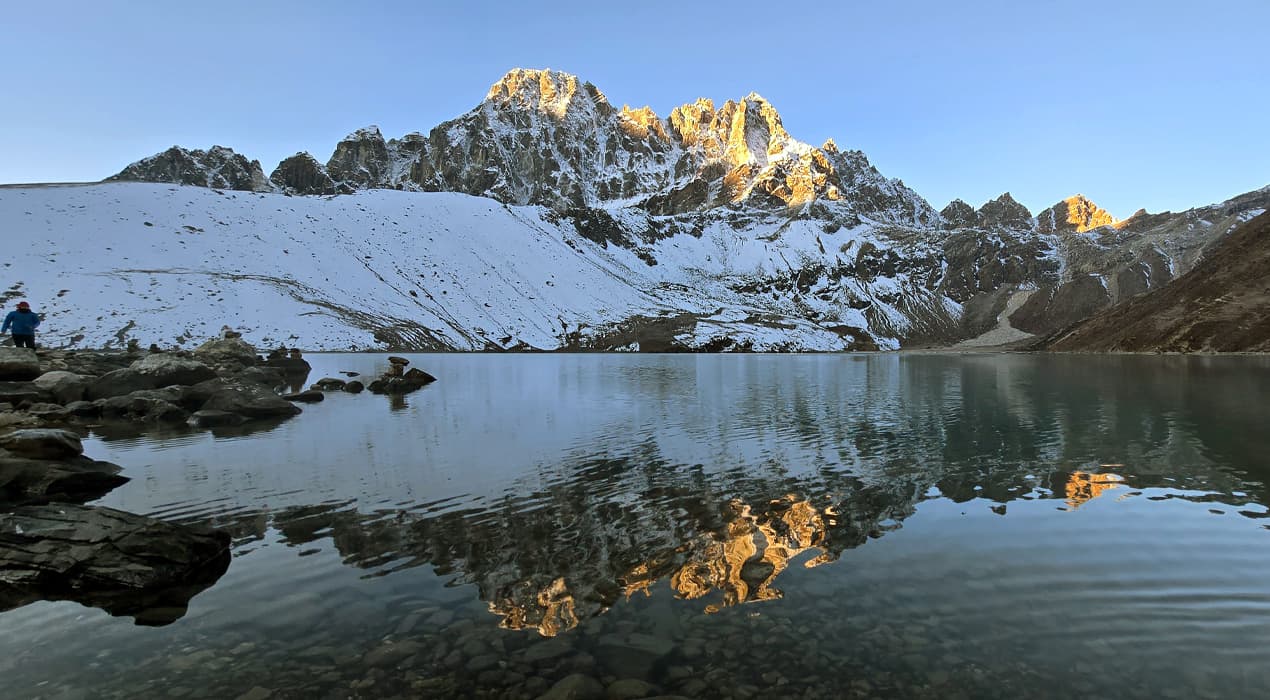Sunrise reflection on gokyo lake