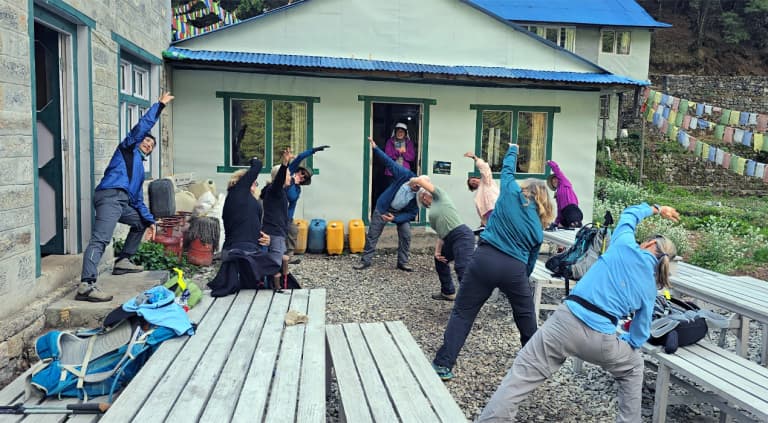 Stretching before hike at Jorsale